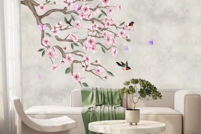 Fototapeta: Orientalna gałązka z różowymi kwiatami ptakami i motylami