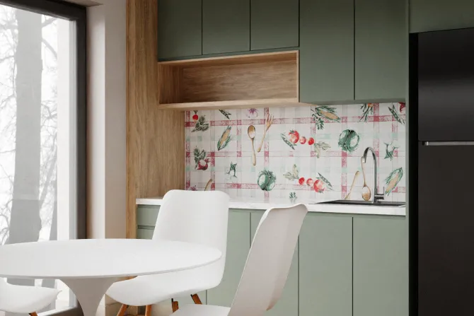 Fototapeta: Owoce i warzywa na tle obrusu w kratkę