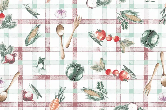 Fototapeta: Owoce i warzywa na tle obrusu w kratkę