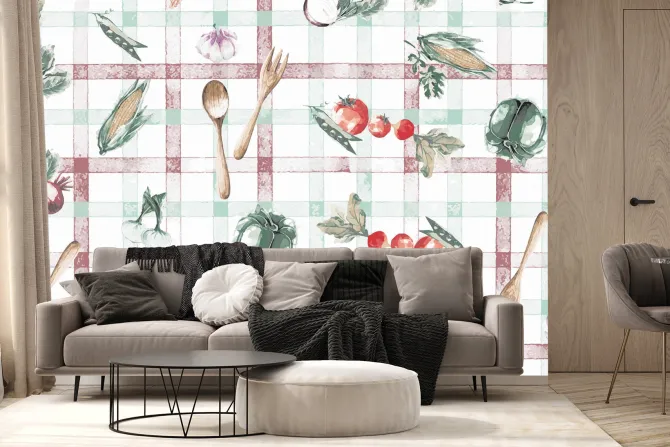 Fototapeta: Owoce i warzywa na tle obrusu w kratkę