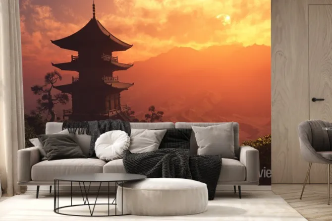 Fototapeta: Pagoda na tle zachodzącego słońca
