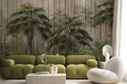 Fototapeta: Palmy i tropikalna zieleń na tle drewnianych desek
