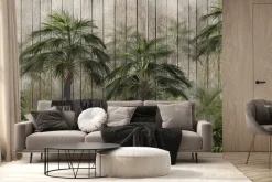 Fototapeta: Palmy i tropikalna zieleń na tle drewnianych desek