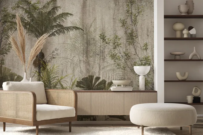 Fototapeta: Palmy i zielone liście na tle betonu