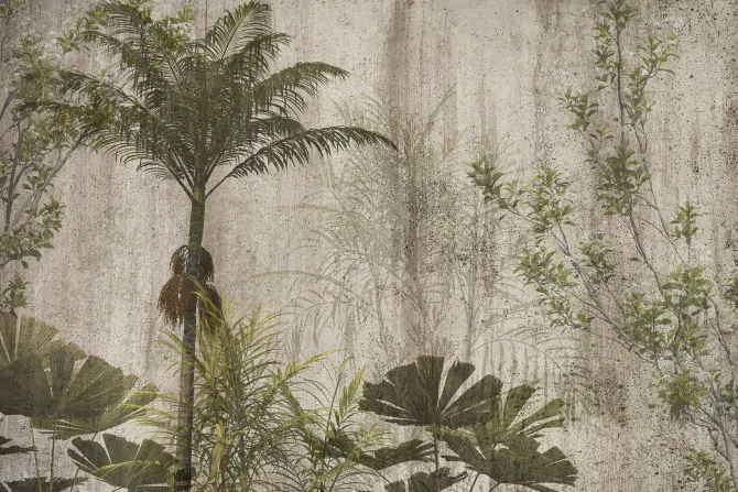 Fototapeta: Palmy i zielone liście na tle betonu