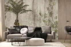 Fototapeta: Palmy i zielone liście na tle betonu