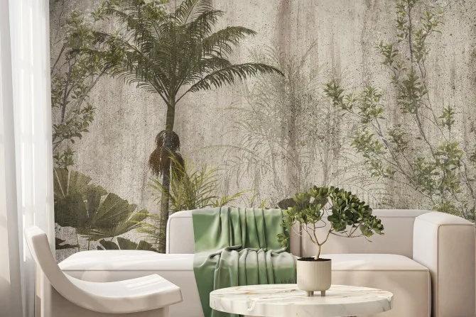 Fototapeta: Palmy i zielone liście na tle betonu