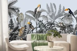 Fototapeta: Palmy papugi małpy i lampart