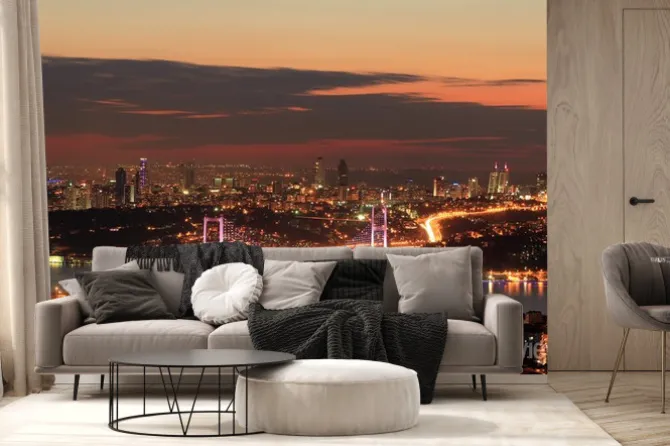 Fototapeta: Panorama miasta nocą z oświetlonym mostem