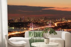 Fototapeta: Panorama miasta nocą z oświetlonym mostem