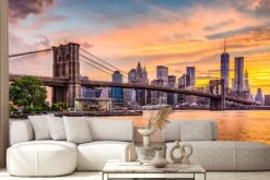 Fototapeta: Panorama nowego jorku z widokiem na most podczas zachodu słońca