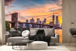 Fototapeta: Panorama nowego jorku z widokiem na most podczas zachodu słońca