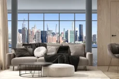 Fototapeta: Panorama nowego jorku z drapaczami chmur widziana przez okna