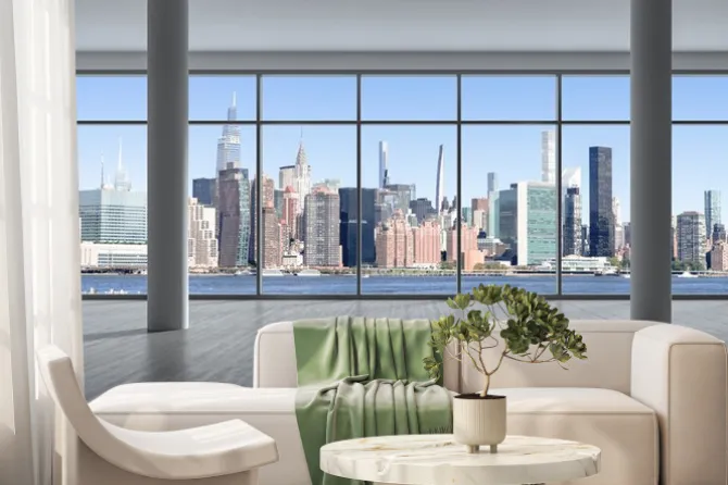 Fototapeta: Panorama nowego jorku z drapaczami chmur widziana przez okna