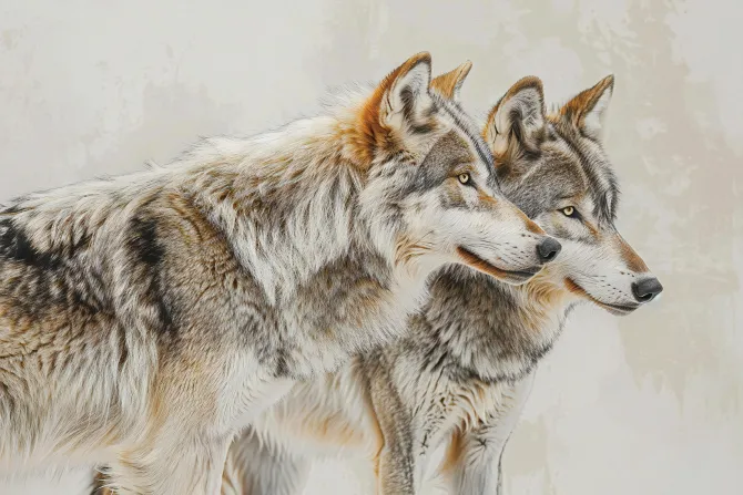 Fototapeta: Para wilków na jasnym beżowym tle