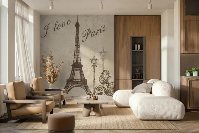 Fototapeta: Paryski wzór z wieżą eiffla na beżowym tle