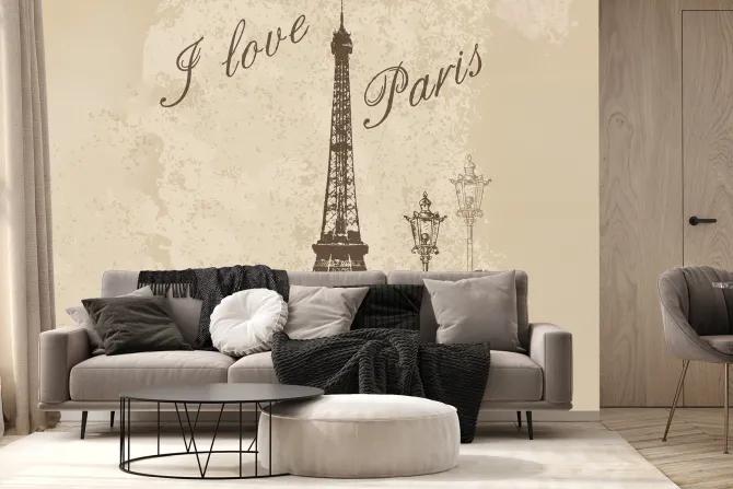 Fototapeta: Paryski wzór z wieżą eiffla na beżowym tle