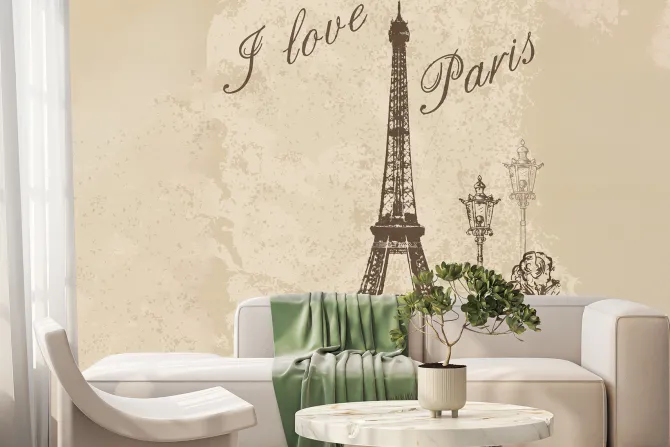Fototapeta: Paryski wzór z wieżą eiffla na beżowym tle