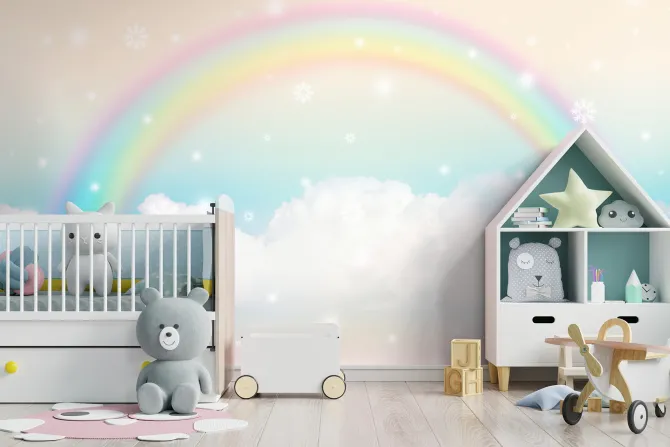 Fototapeta: Pastelowe niebo z kolorową tęczą i lekkimi chmurami