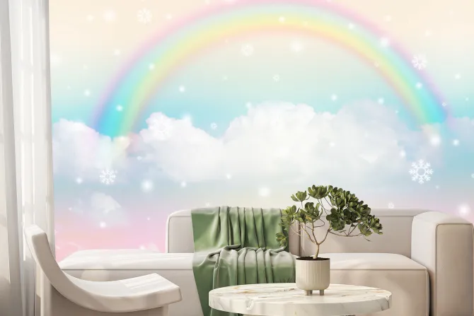 Fototapeta: Pastelowe niebo z kolorową tęczą i lekkimi chmurami