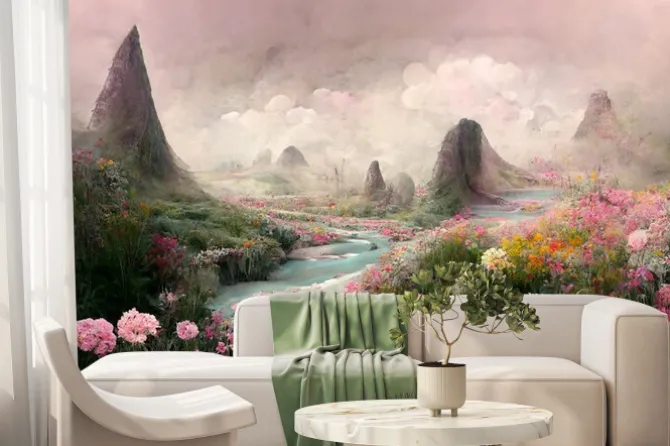 Fototapeta: Pastelowy krajobraz z rzeką i łąką pełną kwiatów