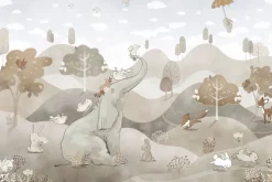 Fototapeta: Pastelowy krajobraz z uroczym słonikiem i zajączkami