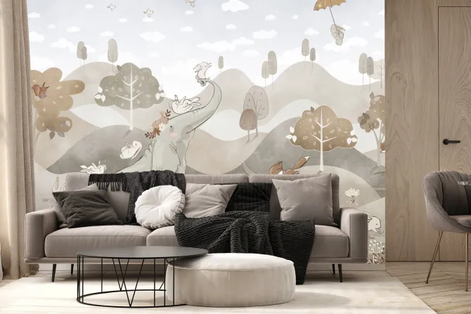 Fototapeta: Pastelowy krajobraz z uroczym słonikiem i zajączkami