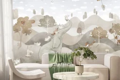 Fototapeta: Pastelowy krajobraz z uroczym słonikiem i zajączkami