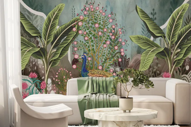 Fototapeta: Paw wśród tropikalnych roślin i kwiatów