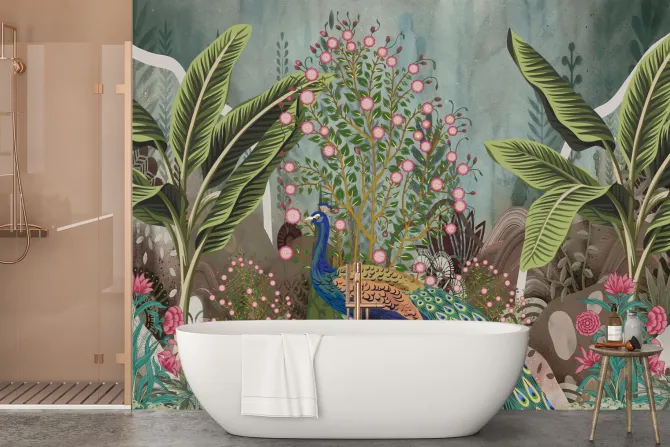 Fototapeta: Paw wśród tropikalnych roślin i kwiatów