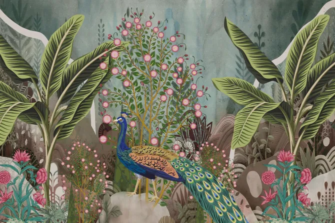 Fototapeta: Paw wśród tropikalnych roślin i kwiatów