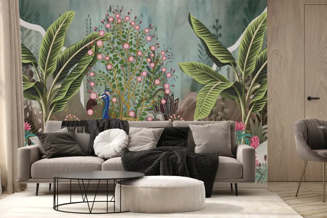 Fototapeta: Paw wśród tropikalnych roślin i kwiatów