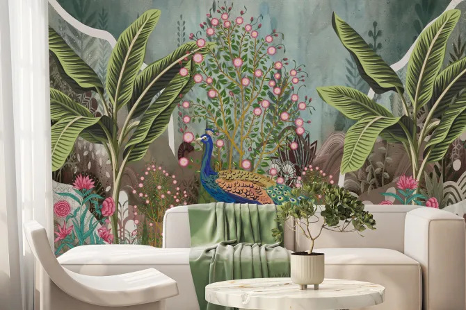 Fototapeta: Paw wśród tropikalnych roślin i kwiatów