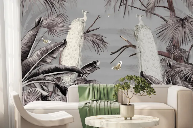 Fototapeta: Pawie ptaki w tropikalnym krajobrazie