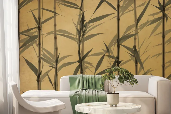 Fototapeta: Pędy bambusa na żółtym tle