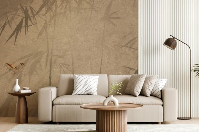 Fototapeta: Pędy bambusu na brązowej ścianie