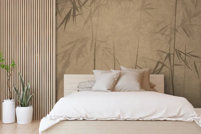 Fototapeta: Pędy bambusu na brązowej ścianie