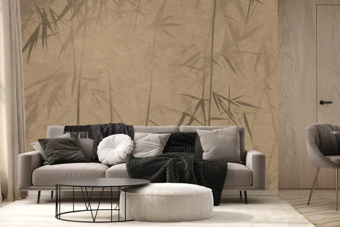 Fototapeta: Pędy bambusu na brązowej ścianie