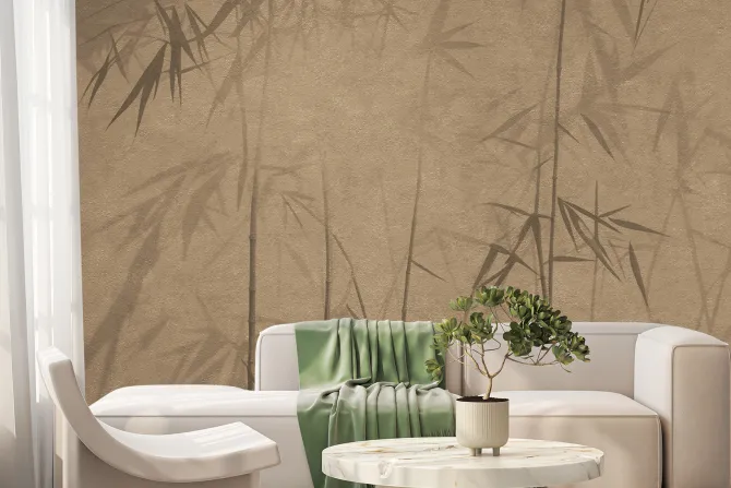 Fototapeta: Pędy bambusu na brązowej ścianie