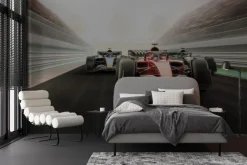 Fototapeta: Pędzące wyścigówki na torze na tle palm