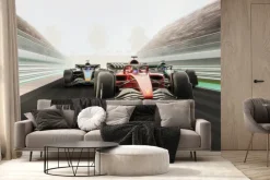 Fototapeta: Pędzące wyścigówki na torze na tle palm