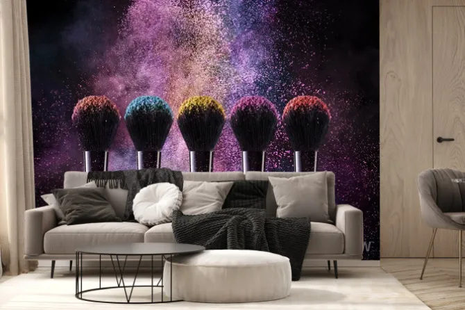 Fototapeta: Pędzle kosmetyczne i wybuchy kolorowe proszki.