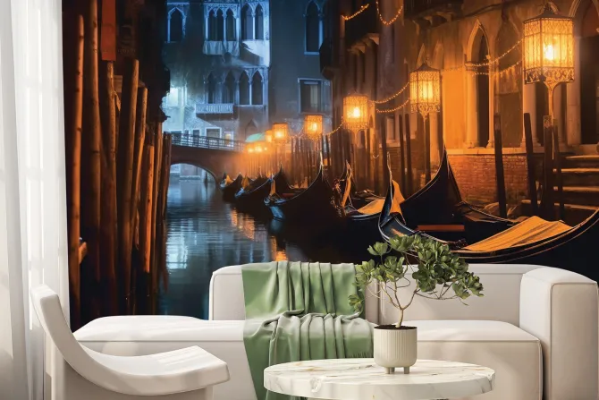Fototapeta: Pejzaż weneckich kamienic z łódkami
