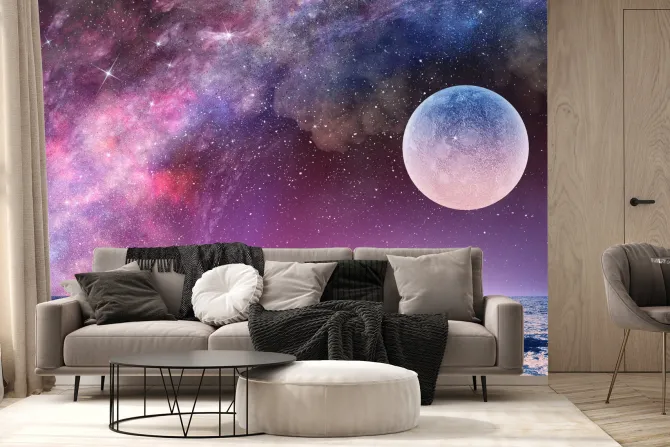 Fototapeta: Pełnia księżyca z gwieździstym niebem nad oceanem