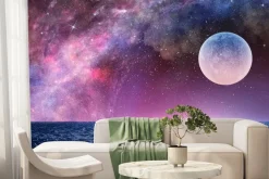 Fototapeta: Pełnia księżyca z gwieździstym niebem nad oceanem