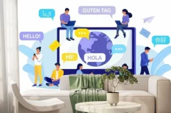 Fototapeta: People chatting in foreign languages, using laptop, phone. multilingual