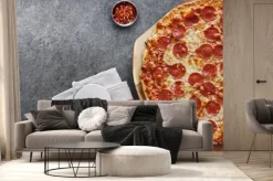 Fototapeta: Pepperoni pizza on wooden serving board shot top down with copy