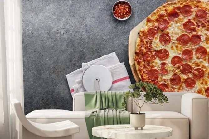 Fototapeta: Pepperoni pizza on wooden serving board shot top down with copy
