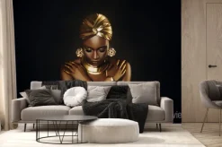 Fototapeta: Photo portrait closeup fantasy african woman face in gold paint.
