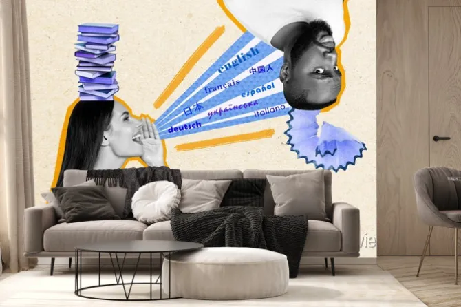 Fototapeta: Photo poster of funny stupid student collage young guy dont know